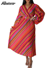 Mlaiscsr Elegant Striped Printed V Neck Long Sleeve High Waisted Pleated Mid Dresses Women Boho Beach Party Evening Vestidos New