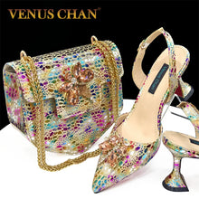 2024 Champagne Color Thin Heels Pointed Toe Crystal Design Ladies Shoes Matching Bag Set For Women Weeding Party Pump