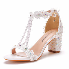 Plus Size 34-43 Shoes for Women Summer Lace Flower Sandals Peep Toe Fashion String Bead High Heel Party Wedding Evening Shoes