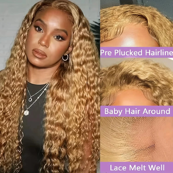 Honey Blonde Human Hair Deep Wave 13x6 HD Pre Plucked Curly Lace Front Wig