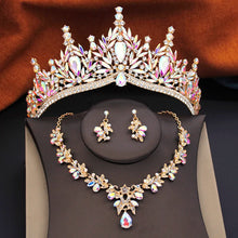 3 Pcs Princess Wedding Crown Jewelry Sets and Tiaras Green Pink Bride Necklace Earrings Set Girls Prom Birthday Accessory