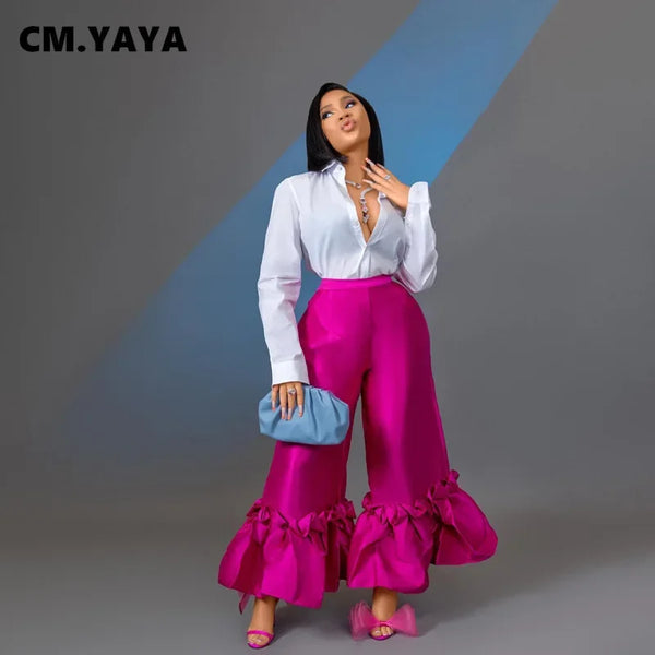 CM.YAYA Women Elegant Ruffles Hem High Waist Loose Wide Leg Flare Pants 2022 Summer Rose Red Black INS Trousers