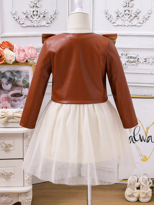 Girls' Spring and Autumn Dress Set New Children's Princess Skirt+PU Leather Vest 2-piece Set