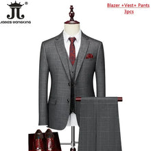 High-end Brand Classic Blue or Gray Plaid Men's Casual Business Suit Retro Official Suit Groom Wedding Dress Jacket Vest Pants