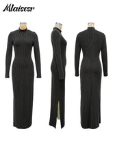 Mlaiscsr Knit Ribbed Elegant Evening Dresses Women Long Sleeve Side Split Slim Bodycon Sexy Birthday Party Prom Fall Winter Robe