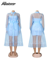 Mlaiscsr African Party Women Elegant Strap Mini Dress and Single Breasted Mesh Shirts Dress 2 Pieces Sets Beach Summer Vestidos