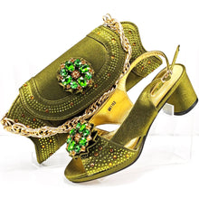 QSGFC Open Toe Women Heels for 2024 Elegant Party Olive Color Diamond Pumps Italian Shoes and Bags Matching Set