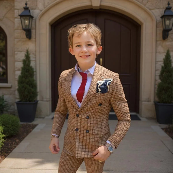 Double Breasted Plaid Formal Suits for Boys 3-16 Years Old Children 2 Pieces Classic Tuxedos Checked Wedding Suits Sets