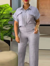 Casual Women's Solid Two Piece Sets Spring Summer Turn-down Neck Short Sleeve Loose Top & Wide Leg Pants Set Streetwear Outfits