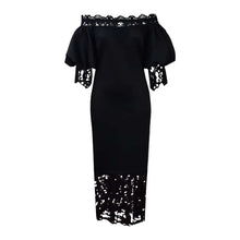 Trend Fashion Lace Midi Dress Women Slash Collar Short Sleeve Stitching Off-Neck Dress High Waist Solid Color Bodycon Sexy Dress