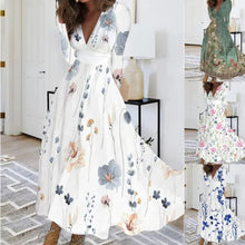 Autumn Floral Elegant Party Long Dress For Women Sexy Deep V Neck Long Sleeve Slim White Print Casual Maxi Dresses 2024 Spring