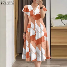 ZANZEA Summer Fashion Women's Printed Dress Short Sleeve V-Neck Robe Casual Holiday Sundress Elegant Fitted Wiast Vestidos 2025