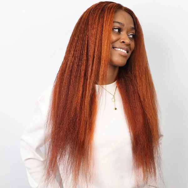 4/350 Highlight Kinky Straight 13x6 Lace Frontal Human Hair Wigs Ombre Orange Ginger Human Hair Wig For Women Yaki Colored Wigs