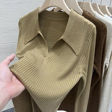 New 2025 Women's Turn-down Collar Long Sleeve Knitted Shirts Tops Solid Thin Sweater Female Elegant Knitwear Jumper Pullovers