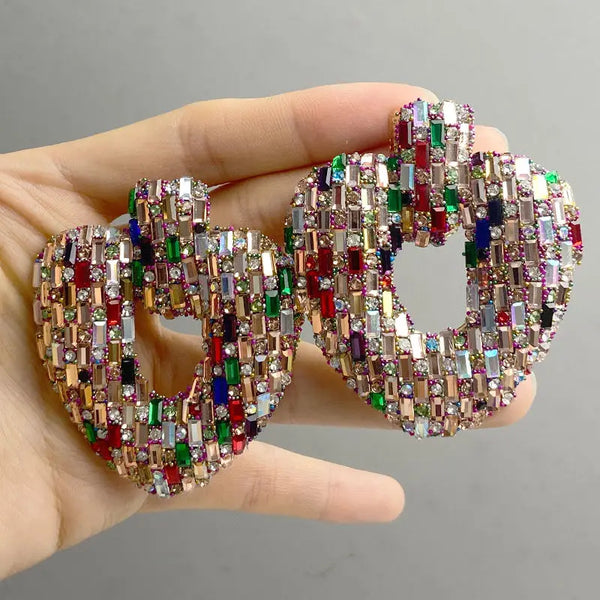 Draweye Colorful Rhinestones Stud Earrings for Women Hyperbole Hearts Hollow Out Party Jewelry Fashion Vintage Aretes De Mujer