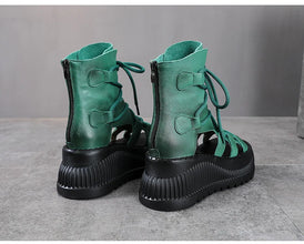 Koznoy 8cm Ethnic Cow Genuine Leather Ankle Booties Women Hollow Peep Toe Platform Wedge Breathable Zip Summer Fashion Shoes