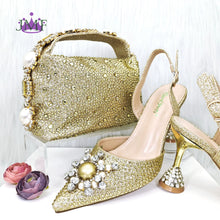 JMF New arrive Italian Design Blue Women's Fashion Rhinestone Pearl Point Toe Stiletto Heels Sandals Women's Shoes & Bag Set