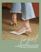 Women Sandals Rivets Pointed Toe Slingbacks Patent Leather Mid Heels Pumps Blue Snakeskin Pattern Slip on Sandalias Mujer