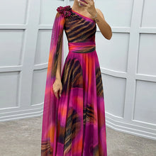 Women Spring Printed Floor Length Dress Elegant Flower Inclined Shoulder Hollow Evening Dress Fall High Waist Chiffon Long Dress