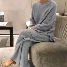 Women Elegant O Neck Loose Sweater and Wide Leg Knitting Trousers Suits Autumn Winter Two Piece Set Vintage Solid Jumper Outfits