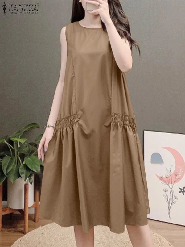 ZANZEA Summer Women's A-line Midi Dresses Casual O-Neck Shirring Pleated Tank Vestidos 2025 Fashion Holiday Solid Robes Femme