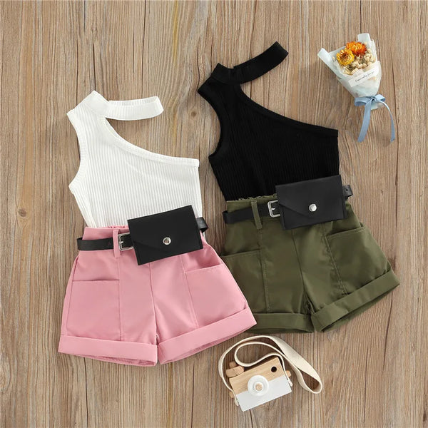 1-5 Years Infant Girl Casual Set Tanks Tops + Shorts + Waist Bag Pockets Decoration Casual Style Girls Summer Clothing Set