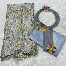 2024 High Quality 2.5yards Bazin Riche Brocade Fabric +2.5 Yards African Cotton Lace Fabric with Collar Set for Dress  M4-1212-1