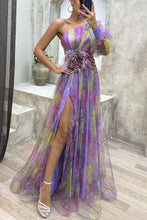 Women New Party Mesh Sloping Shoulder Dress Casual Fashion Sexy High Waist Long Maxi Loose Dress