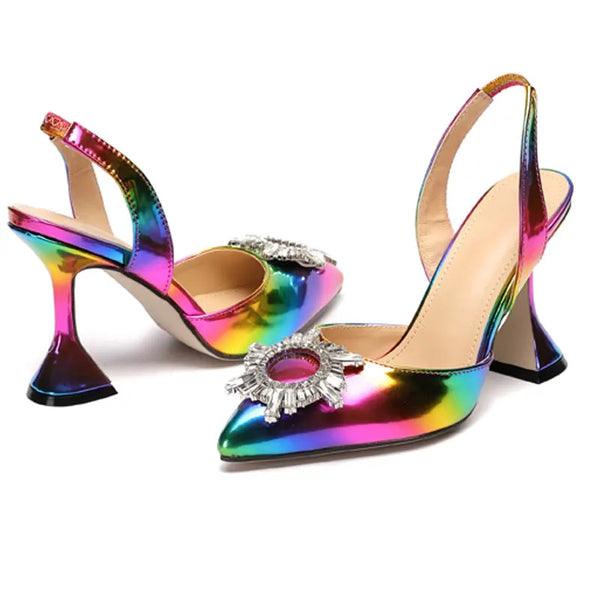 Rainbow Color Women Sandals Elegant Pointed Toe Sun Style Rhinestone High Heels Weeding Shoes Spike Heel Pumps Sandals Drop Ship