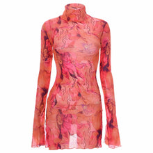 Top Selling Mesh Printed Round Neck Womens Dresses For Teens Plus Size Bell Sleeve Side Open Hip Dress Vestidos Para Mujer