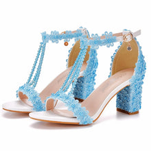 Plus Size 34-43 Shoes for Women Summer Lace Flower Sandals Peep Toe Fashion String Bead High Heel Party Wedding Evening Shoes