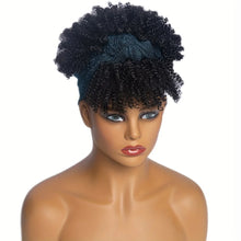 Short Kinky Curly Headband Wig Afro Puff Curly Headband Wig with Bangs for Women Natural Ombre Blonde Synthetic Turban Wrap Wig