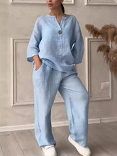 Cotton Linen Sets Two 2 Pieces Sale Casual Long Sleeve Button Loose Blouse Shirt&High Elastic Wide Leg Loose Pant Suits NMD-3021