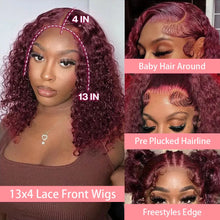 Red Colored 99J Curly Deep Water Wave 13x4 Lace Front Wigs Short Bob 100% Brazilian Human Hair HD Lace Frontal Wig