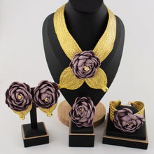 Gold Plated Purple Big Flower Necklace Earrings Bracelet Ring Set  for Women Weddings Party Luxury Jewelry Set for Dubai Bridal