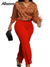 Mlaiscsr Elegant Print Feather Long Sleeve and Wide Leg Pants 2 Pieces Women Matching Sets Fashion Office Lady Birthday Outfits