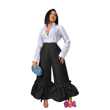 CM.YAYA Women Elegant Ruffles Hem High Waist Loose Wide Leg Flare Pants 2022 Summer Rose Red Black INS Trousers