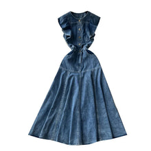 WTHT Fashion Women's Ruffled Edge Sleeveless Denim Long Dress 2024 Autumn O-neck Single Breasted Pleated Dresses Female 1LS125