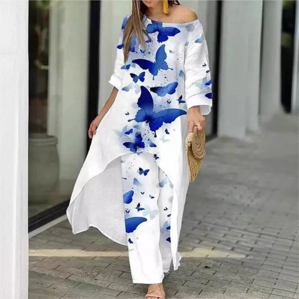 Women's Fashion Spring/Summer Casual Loose Irregular Printed Nine Sleeve Round Neck Shirt High Waist Wide Leg Pants 2-piece Set