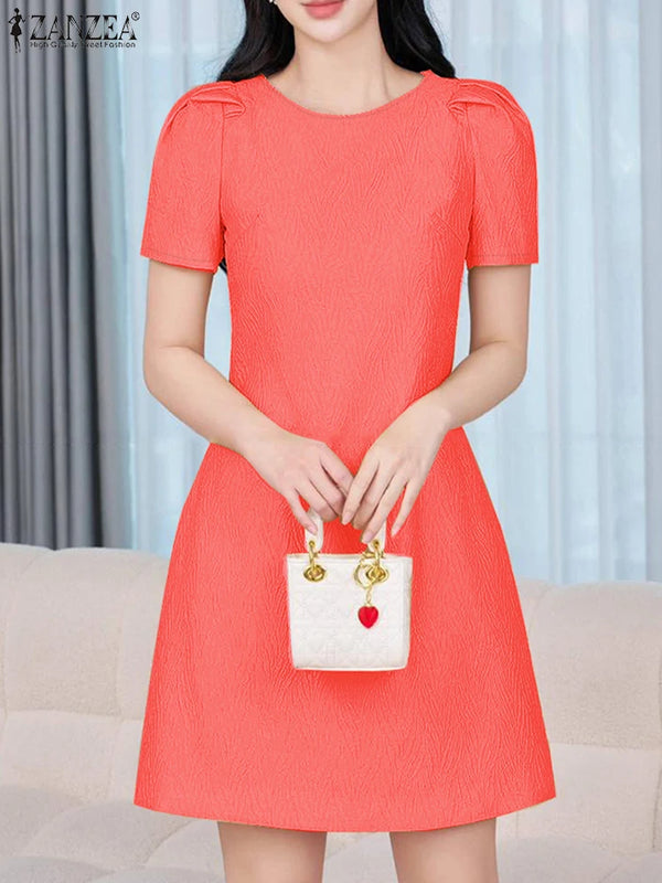 ZANZEA Korean Fashion Puff Sleeve Short Dresses Commute Elegant Solid Fitted Waist Party Robes Women Textured A-line Vestidos