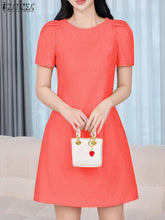ZANZEA Korean Fashion Puff Sleeve Short Dresses Commute Elegant Solid Fitted Waist Party Robes Women Textured A-line Vestidos