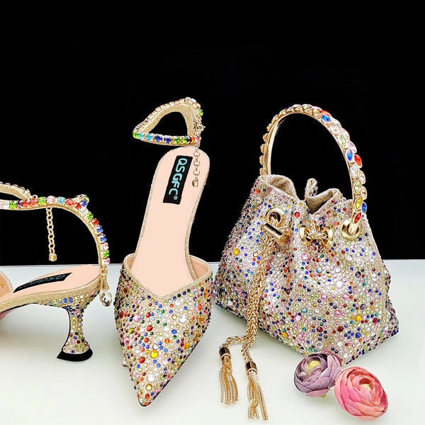 New Gold Glitter Fabric Pointed Toe High Heels With A Variety Of Shapes Of Rhinestones Fashion Party Ladies Shoes And Bag