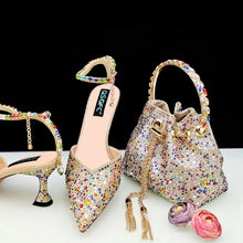 New Gold Glitter Fabric Pointed Toe High Heels With A Variety Of Shapes Of Rhinestones Fashion Party Ladies Shoes And Bag