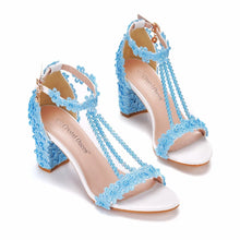 Plus Size 34-43 Shoes for Women Summer Lace Flower Sandals Peep Toe Fashion String Bead High Heel Party Wedding Evening Shoes