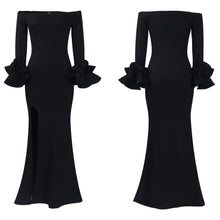 Elegant Sexy Side Slit Long Dress For Women Independent Stand Trade Clothing One-character Collar Leaf Sleeves Evening Dress