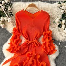European Court Style Dress Miyake for Women A Design Sense Tassel V-neck Slim Fit Long High-temperature Pleated Flared Sleeve