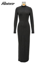 Mlaiscsr Knit Ribbed Elegant Evening Dresses Women Long Sleeve Side Split Slim Bodycon Sexy Birthday Party Prom Fall Winter Robe