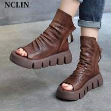 2024 New Summer Women Sandals Round Toe Chunky Heel Platform Shoes Genunine Leather Cover Heel GLADIATOR Sandals Women Handmade
