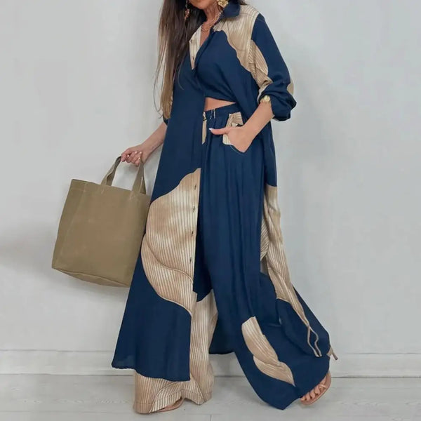 Two-piece Suit Women Contrasting Color Suit Stylish Women's V-neck Patchwork Printed Suit for Various Occasions Loose Fit Top