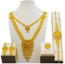 Fashion Dubai Flower Design Luxury 24k Gold Color Women's Jewelry Set African Fashion Bracelet Earrings Necklace Ring Four Piece